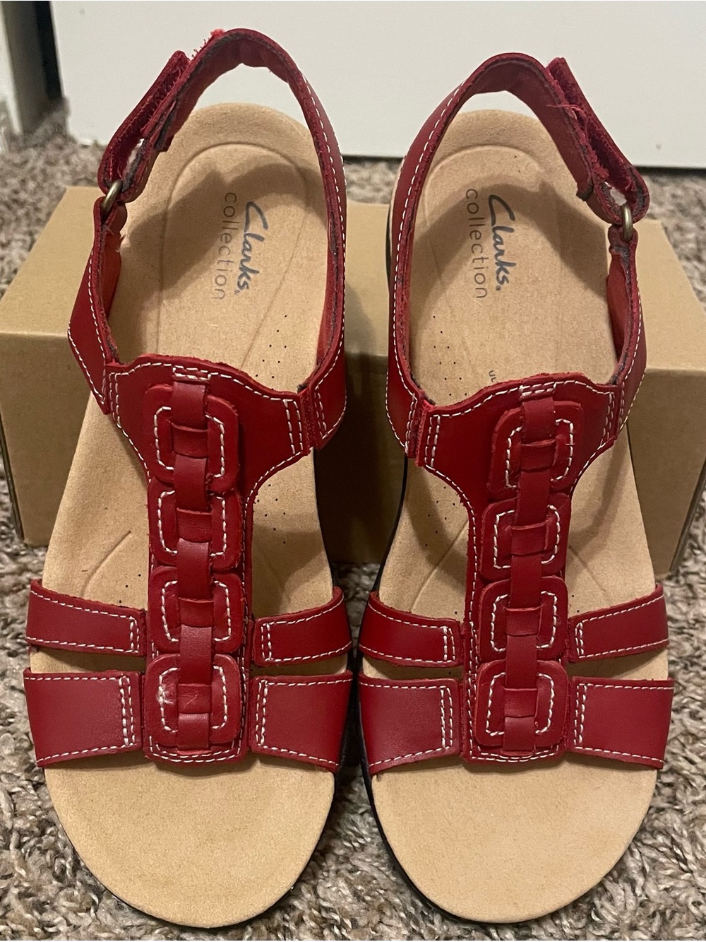 Clarks Red Leather T-Strap Slingback Sandals